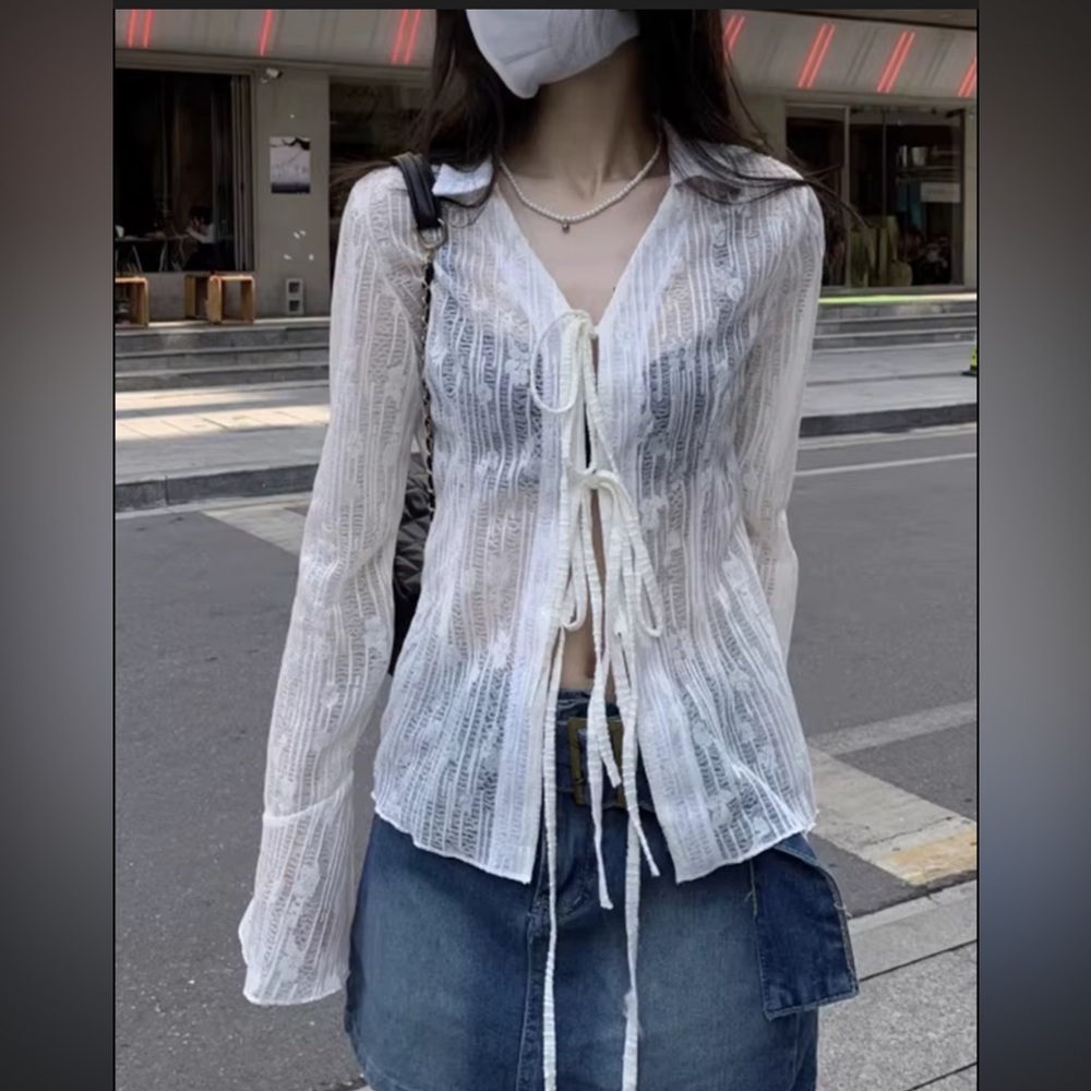 Chic Sheer White Tie-Front Blouse